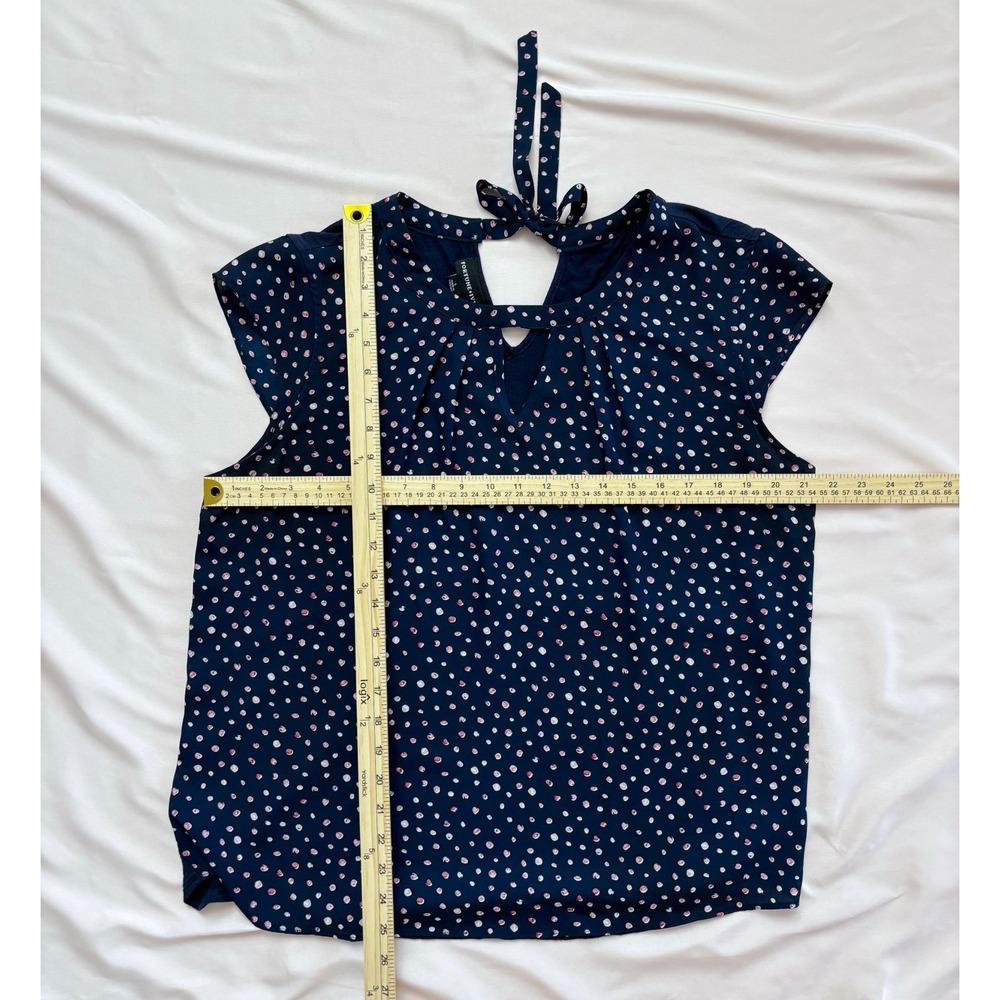 FORTUNE + IVY - Navy Polka Dot Keyhole Cap Sleeve Tie Back Blouse Women's Size L - Picture 6 of 13